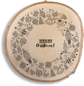 Rondin de bois gravé avec des motifs de Noël